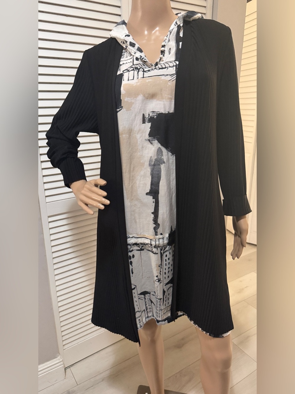 Marc New York Andrew Marc Black Open Front Pleated Duster Longline Cardigan S